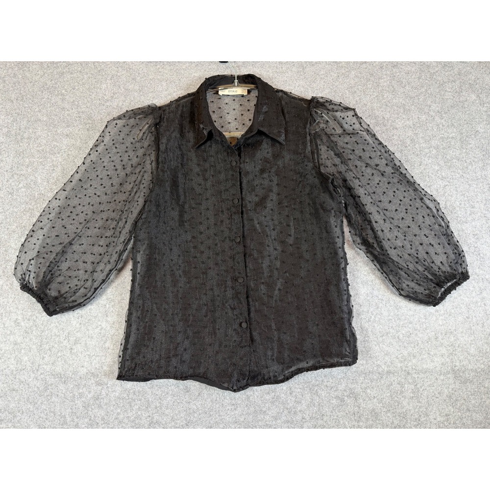 Etika Fashion Sheer Swiss Dot Blouse Womens Small Black Excellent Puff Sleeve